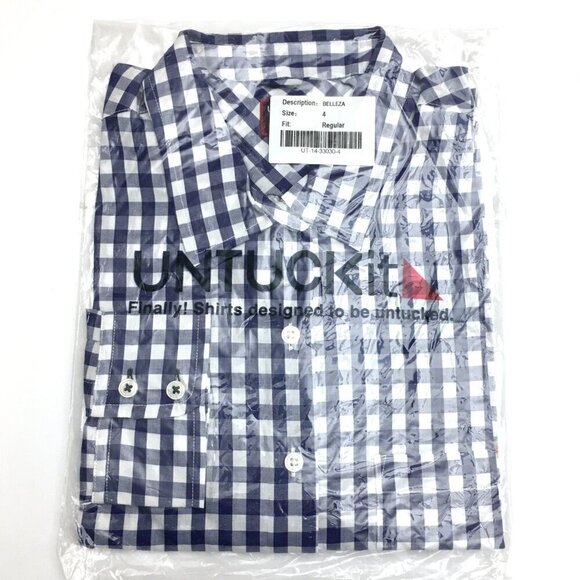 New UNTUCKit Women's Shirt Navy Blue & White Gingham Belleza Button Up size 4 - Picture 7 of 8
